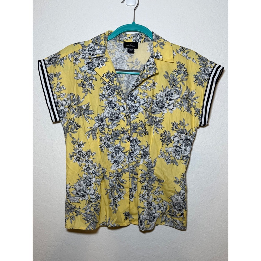Nautica Yellow Floral Short Sleeve Button Down Top XS Peplum Back Striped Trim